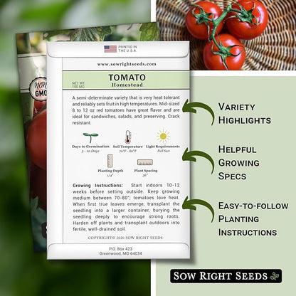 Sow Right Seeds - Homestead Tomato Seeds for Planting - Non-GMO Heirloom Packet with Instructions to Plant a Home Vegetable Garden - Semi Determinate Classic Red Variety - Medium Sized(1)