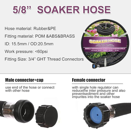 Soaker Hose 50ft - Garden Rubber Soaking Drip Hoses 5/8" Saving 70% Water Garden Hose, Drip Irrigation Round Hose for Lawn Yard, flower beds