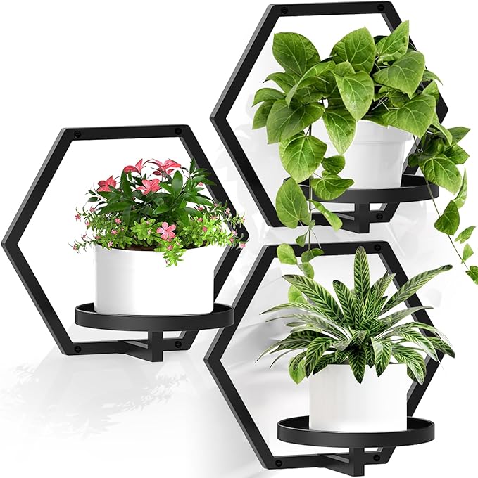 3 Packs Wall Planters for Indoor Plants, 7.9inch Metal Wall Plant Holder Hanger Wall Decor, Wall-Mounted Hanging Planters Window Plant Shelves Outdoor(Black)