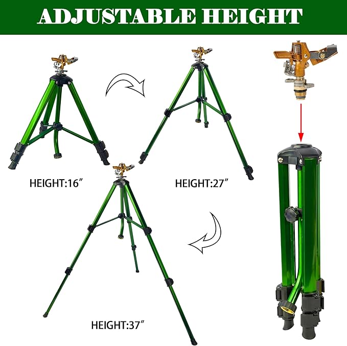 Impact Sprinkler on Tripod Base, 2 Pack Tripod Sprinklers with Brass Head, 360 Degree Large Area Irrigation with Extension Legs Flip Locks, Heavy Duty 3/4" Connector for Lawn Yard Garden