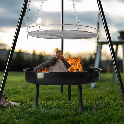 Outvita Campfire Tripod Grill, Adjustable Height BBQ Grill Grate with Fire Bowl for Outdoor Camping BBQ, Black