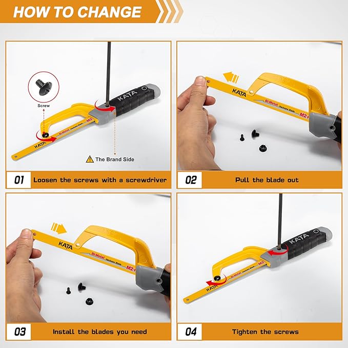 KATA Mini Hacksaw for Metal Cutting, Compact Hand Hack Saw Tool with 10 Inch Aluminum Frame and 2 Piece Extra Flexible Bi-Metal HSS Saw Blades, Small Handsaw Cutter for Wood, PVC, Iron, Copper
