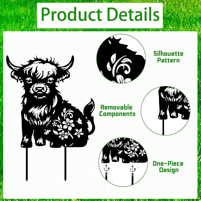 Highland Cow Metal Garden Stakes Yard Decor, 3PCS Black Cow Silhouette Statues Garden Decorative Gifts for Yard Art, Patio, Outside, Lawn Ornaments Outdoor, Yard Art