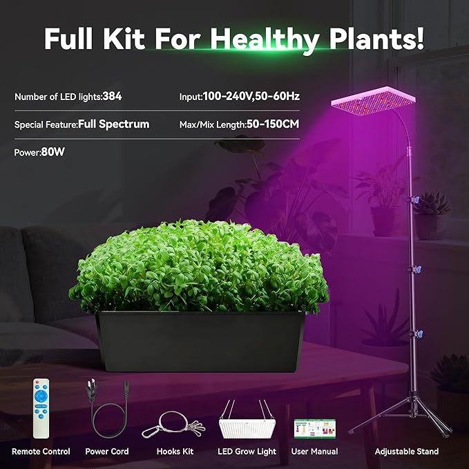 LED Grow Lights for Indoor Plants, Full Spectrum with UV&IR,Bloom Veg Modes Remote Control 63" Height Adjustable Tripod Stand Hanging Hook for Hydroponics Bonsai Seedlings dimmable Timer Function