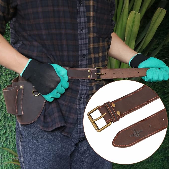 Tourbon Genuine Leather Florist Tool Belt Bag Gardener Farmer Tools Holster Waist Pouch Electrician Carpenter Organizer Kit 3 Pockets (Brown, 42 inches)