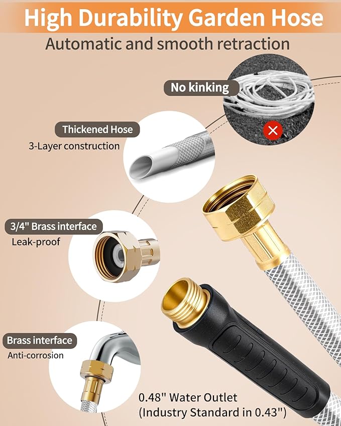 KOSOEUR Retractable Garden Hose Reel, 1/2 In X 100 ft Retractable Hose Reel, Automatic Retractable Water Hose Reels for Outside with 10 Pattern Nozzle, Any Length Lock Auto-retract 180° Swivel Bracket