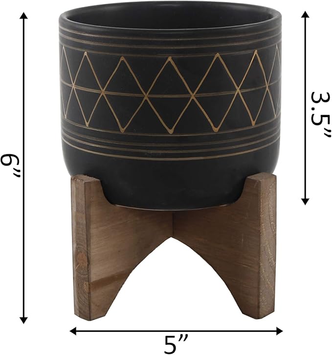 Flora Bunda 5" Black Pot Gold Line Ceramic Geometric Planter W/Wood Stand Planter Mid Century