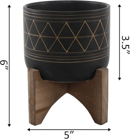 Flora Bunda 5" Black Pot Gold Line Ceramic Geometric Planter W/Wood Stand Planter Mid Century