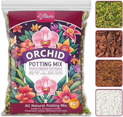 Riare 4QT Orchid Potting Mix for Repotting- Orchid Repotting Kit Include Moss, Pine Bark, Perlite, Coco Peat- Premium Orchid Soil Medium for Indoor Potted Plants Root Ventilation & Expanding