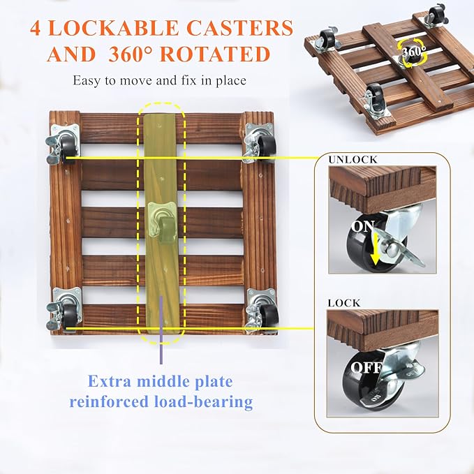 2 Pack Plant Caddy with Wheels, 14" + 12" Rolling Plant Stand 264 LBS Heavy Duty Wooden Square Plant Dolly with Metal 360° Lockable Caster Wheels for Outdoor Indoor Large Plant Pots, Flower Pot, Patio
