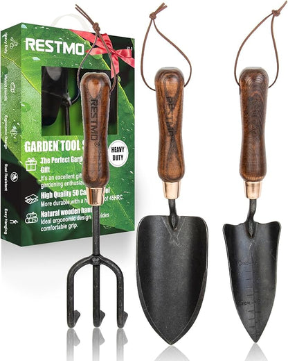 RESTMO 3-in-1 Heavy Duty Gardening Tools Kit, Premium Carbon Steel Garden Tools with Ergonomic Wooden Handle Includes Trowel, Transplanter, and Cultivator, Ideal Gardening Gifts for Women, Gardener