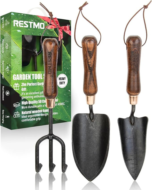 RESTMO 3-in-1 Heavy Duty Gardening Tools Kit, Premium Carbon Steel Garden Tools with Ergonomic Wooden Handle Includes Trowel, Transplanter, and Cultivator, Ideal Gardening Gifts for Women, Gardener