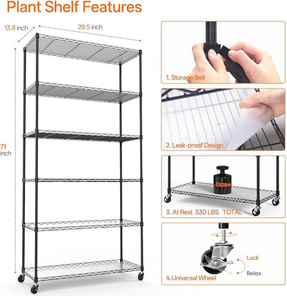 Bstrip Plant Shelf with Grow Light, Metal Plant Stand with Adjustable Rack and Wheels, 5 Pack T8 Full Spectrum Grow Light Strip for Indoor Plants, Seed Starting, Seed Tray, 35.4"x13.8"x71"