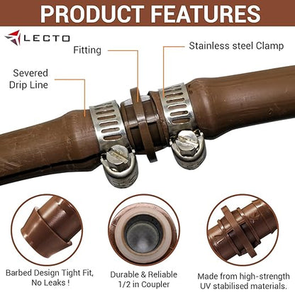 LECTO Universal 5/8", 1/2", .700" Drip Line Repair & Extension Kit – 3 Pack Plastic Couplers with 6 Stainless Steel Hose Clamps