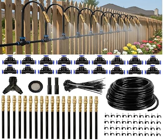 Automatic Garden Irrigation System 100ft, Upgraded Drip & Spray Watering Kit with 18 Adjustable Copper Nozzles for Raised Beds, Outdoor Garden, Lawn, Potted Plants & Greenhouse (100ft)