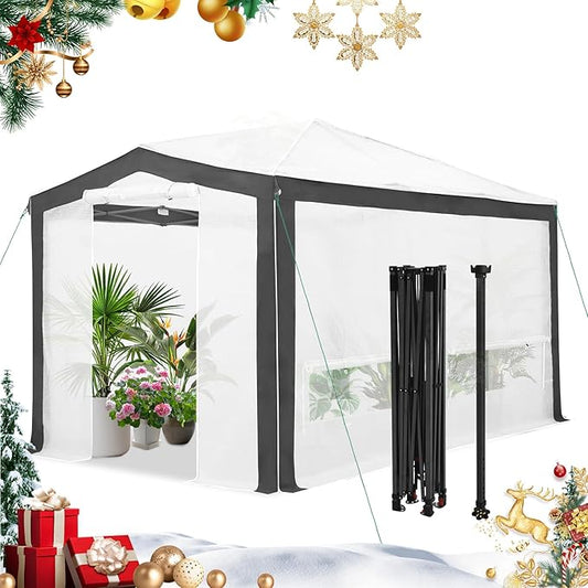 EAGLE PEAK 12x8 Portable Walk in Greenhouse with Polyester Reinforced Corners, Instant Pop up Indoor Outdoor Gardening Green House, Roll Up Zipper Doors Mesh Windows & Winter Support Pole, Gray/White