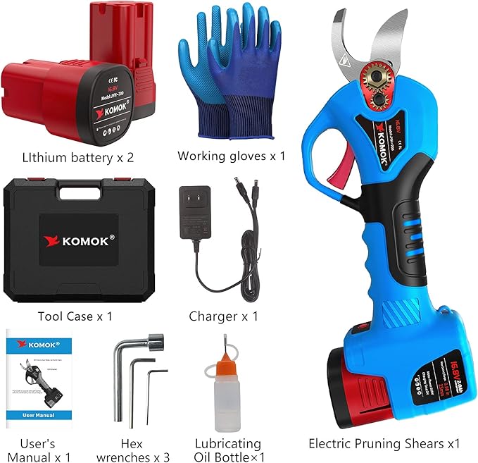 KOMOK Electric pruning shears, Professional Cordless Power Branch Cutter Fruit Tree Pruner, 2PCS 2Ah Battery Operated Pruning Shears, MAX 1" Cutting Capacity 6-7 working hours