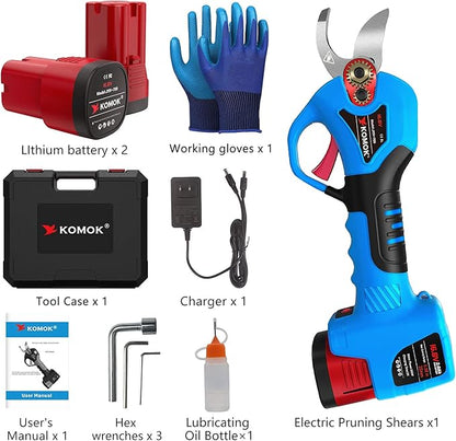 KOMOK Electric pruning shears, Professional Cordless Power Branch Cutter Fruit Tree Pruner, 2PCS 2Ah Battery Operated Pruning Shears, MAX 1" Cutting Capacity 6-7 working hours