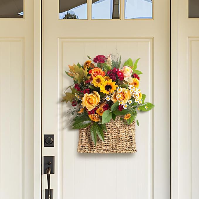 Woven Hanging Seagrass Baskets, Hanging Wall Wicker Basket, Handmade Organizer Baskets, Hanging Flower Basket for Shelves, Walls, Doors, Balconies, Front of House, Garden,...(Seagrass)