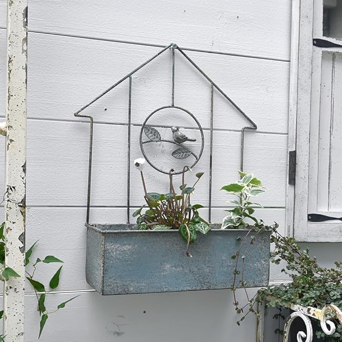 Metal Planter Wall Hanging Baskets Wall Mounted Planter Decor,House-Shaped with Bird Design for Outdoor/Indoor Shabby Chic Wall Decor