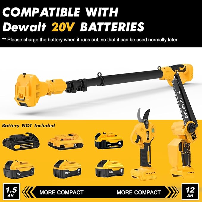 4-in-1 Cordless Pole Saw & Electric Pruning Shears for DeWalt 20V Battery, 8 Inch Brushless Mini Chainsaw with Extension Pole, 15 Ft Reach, Auto Oiling, for Tree Trimmer Branch Cutter(NO Battery)