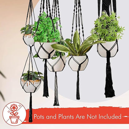 Feedee Macrame Plant Hangers - 6 Pack, Black, Indoor/Outdoor, Cotton