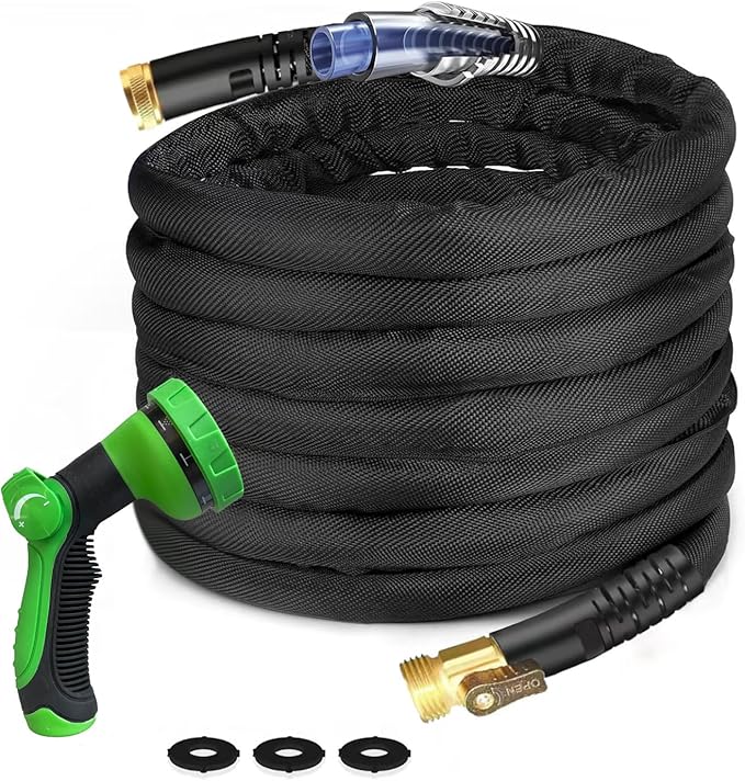 100Ft Non-Expandable Garden Hose, Flexible Water Hose with 10-Pattern Spray Nozzle, Lightweight Hose Pipe, Kink-Free, Leak-Proof, 3/4" Solid Metal Fittings (Black)