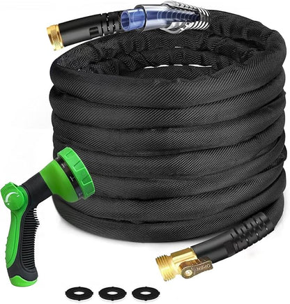 100Ft Non-Expandable Garden Hose, Flexible Water Hose with 10-Pattern Spray Nozzle, Lightweight Hose Pipe, Kink-Free, Leak-Proof, 3/4" Solid Metal Fittings (Black)