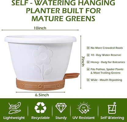 3 Pack Hanging Baskets Set, Hanging Planters for Indoor & Outdoor Plants, Self-Watering Hanging Pots with Removable Tray&Drainage Holes, Flower Pots for Home Garden Decor 10 Inch (White)