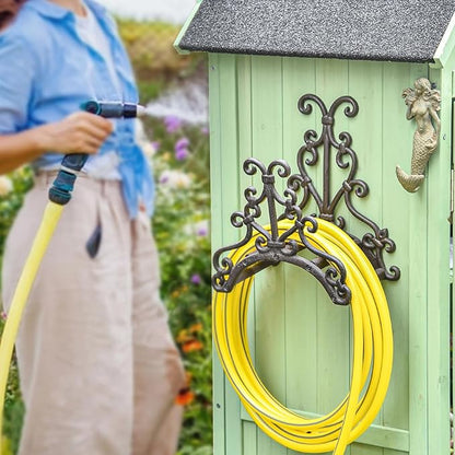 Sungmor Heavy Duty Cast Iron Garden Hose Holder - Wall Mounted Water Hose Hanger - European Vintage Pattern Decorative Hose Rack - Large Water Hose Bulter Storage - Indoor Outdoor Metal Hose Stand