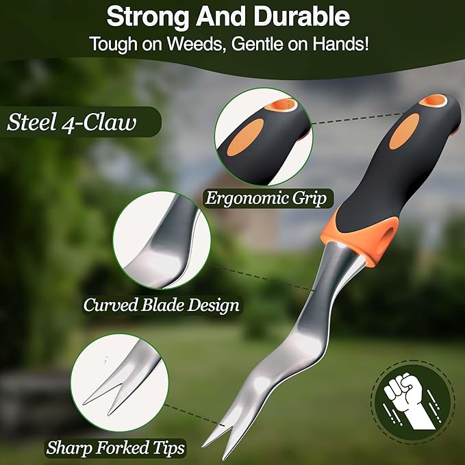 Alloy Steel Weed Puller Tool with Ergonomic Orange & Black Handle | Heavy Duty Weeding Tool for Effortless Root Removal | Durable Hand Tool for Garden & Lawn Weeding Tools Gardening