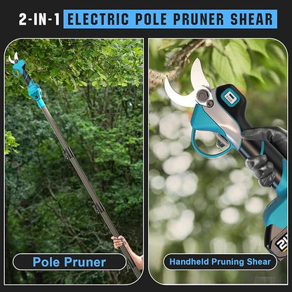 Electric Pruning Shears Cordless, 1000W Brushless 2-in-1 Pole Pruner Shears, Extend Pole to 14FT,1.4” Cutting Diameter, SK5 Blade, 2×2.0Ah Batteries, Pole Pruner for Gardening Tree Trimming