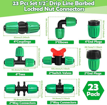 23 Pcs 1/2 Inch Drip Irrigation Fittings Kit (1/2" ID x 0.65" OD), 1/2 Inch Irrigation Tubing Set Including 4 Tees, 4 Couplings, 3 Elbows, 4 Reducer Tee, 4 Plugs, 2 Valves and 2 Faucet Adapter