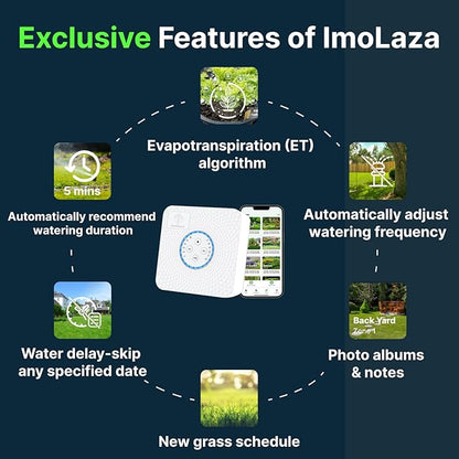 ImoLaza Smart Sprinkler Controller Evapotranspiration Master: 8 Zones WiFi Irrigation Controller with Automated Watering and App Control, Save Water Through Rain, Freeze, Wind and Saturation Skip