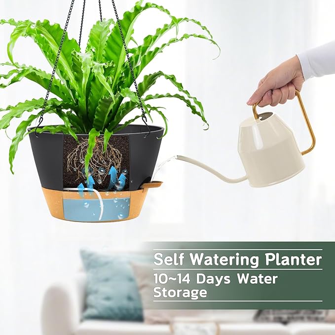 ZMTECH 12 Inch Large Hanging Planters for Outdoor Plants, Self Watering Hanging Planter with Visual Reservoir, Hanging Baskets for Plants Indoor with Drainage Hole and Plant Hanger(3 Pack, Gray)