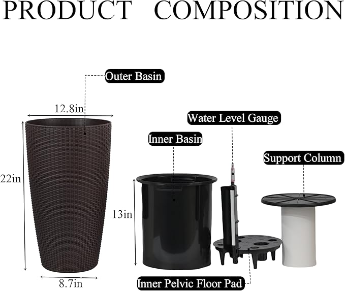 22" Tall Planter Set of 2, Large Self Watering Pots for Indoor/Outdoor Plants with Drain Holes, Water Level Monitor, Inner Bucket for Front Porch Patio, Brown Rattan Conical