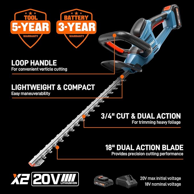 SENIX X2 20 Volt Max* 18-Inch Battery Powered Cordless Hedge Trimmer, Brushless Motor, Double-Sided Dual Action Blades, 3/4" Cutting Capacity, Includes Blade Cover, 2.5 Ah Battery & Charger (HTX2-M)