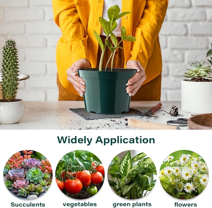 BTPLASTIK 8 Inch Plastic Plant Pots, 15 Pack Sturdy Nursery Pots with Drainage Holes, Flower Planter Pots for Indoor Outdoor, Garden Containers Sets for Vegetable Herbs Flowers, Green