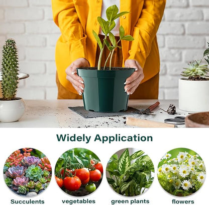 BTPLASTIK 8 Inch Plastic Plant Pots, 15 Pack Sturdy Nursery Pots with Drainage Holes, Flower Planter Pots for Indoor Outdoor, Garden Containers Sets for Vegetable Herbs Flowers, Green