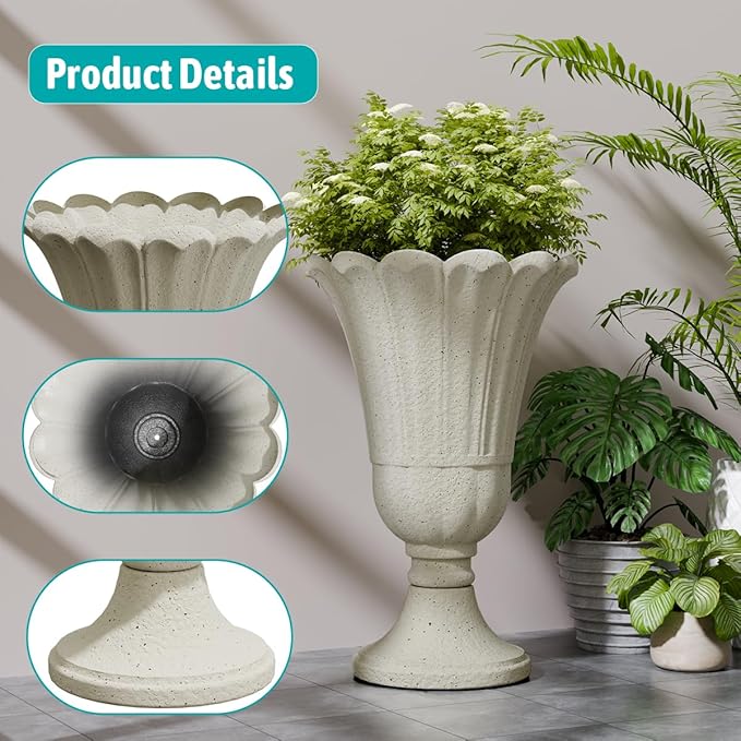 Tall Plastic Urn Planters for Outdoor Plants Set of 2-23.6" H Classic Petal Design Indoor Large Flower Pots with Drainage Holes, Outdoor Planters for Porch Decor/Garden Vase, Beige/Off White