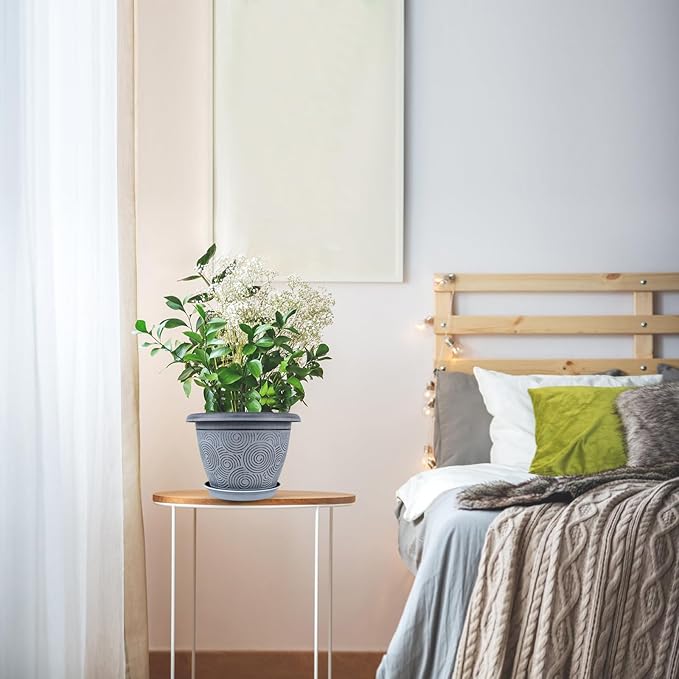 6 Inch Flower Pots Planters for Indoor Outdoor Plants, 6 Pack Plastic Small Plant Pots with Drainage Hole & Tray, Modern Decorative Garden Pot with Saucer, Plant Container for House