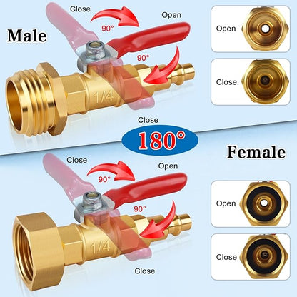 FANOVO RV Winterize Blowout Adapters, 3/4'' GHT Male & Female Brass Winterizing Plugs, Air Compressor Sprinkler Blow-out Fitting Connector with Shut off Valve, for Camper,Boat,Garden Faucet Marine