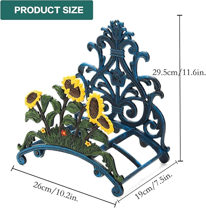 Sungmor Cast Iron Heavy Duty Garden Hose Holder - Decorative Hand-Painted Sunflower Wall Mounted Water Hose Hanger - Wall Decoration Hanging Hose Rack - Hose Reel Storage Butler - Metal Hose Stand