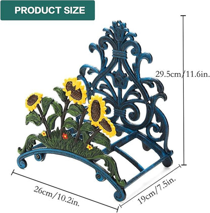 Sungmor Cast Iron Heavy Duty Garden Hose Holder - Decorative Hand-Painted Sunflower Wall Mounted Water Hose Hanger - Wall Decoration Hanging Hose Rack - Hose Reel Storage Butler - Metal Hose Stand