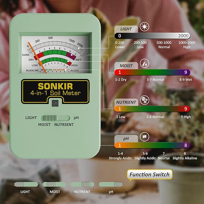 Sonkir Soil Moisture Meter, 4-in-1 Soil Ph Meter, Soil Tester for Nutrients, Moisture, PH and Light, Soil Ph Test Kits for Plant, Great for Garden, Indoor & Outdoor Use (No Battery Required), Green