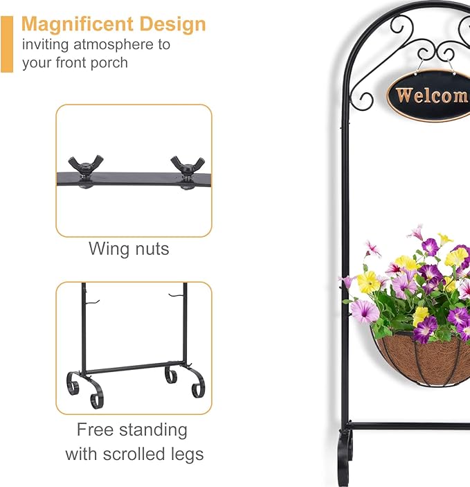 LEWIS&WAYNE 40’’ Tall Metal Welcome Planter Basket Stand with Coco Liner, Outdoor Décor for Porch, Deck, Patio, Landscape