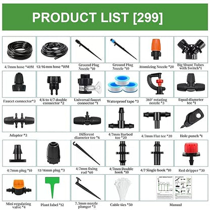 Drip Irrigation System Kit for Garden: 299CPS Automatic Drip Irrigation Kits Greenhouse Plant Watering System with 5 Kinds of Sprayers,1/4 inch 1/2 inch Irrigation Tubing Hose for Raised Bed