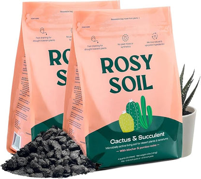 Rosy Soil Cactus and Succulent Potting Soil Mix for Houseplants - Fast Draining Organic Potting Soil for Succulents, AloeVera, Indoor Plant - Root Boosting for Drought Tolerant Growth, Pack of 2