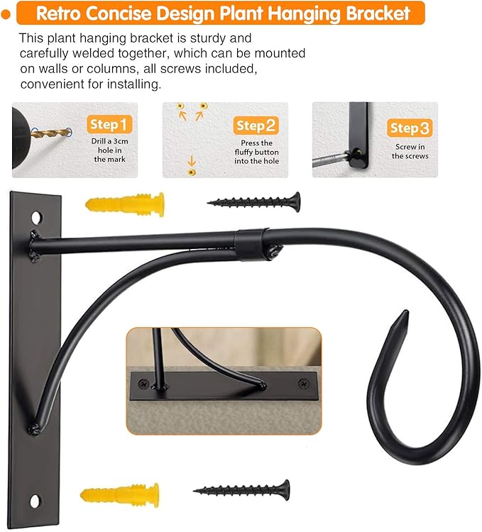 Plant Brackets for Hanging Baskets, 4pcs 11 Inch Iron Wall Mount Plant Hanging Bracket Durable Rust-Resistant Plant Hanger Hook for Hanging Plants Drying Rack Bird Cages Lantern Windchime House Sign