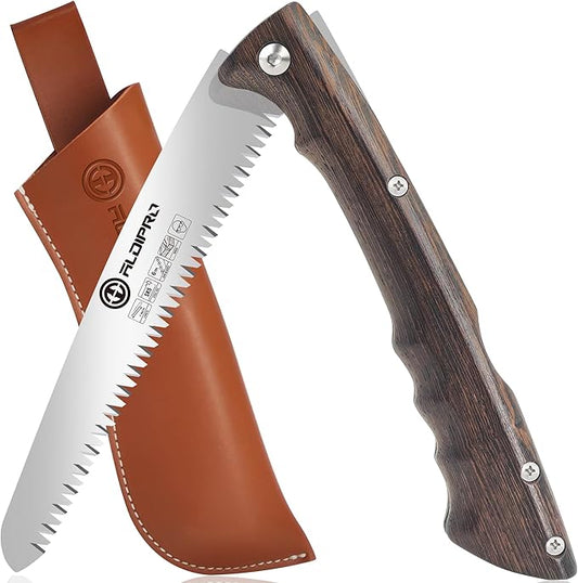 7" Professional Folding Hand Saw - SK5 High Carbon Steel Blade, Ergonomic Wenge Wood Handle, Leather Sheath | Survival Saw for Camping, Bushcraft, Pruning & Tree Trimming with Secure Lock